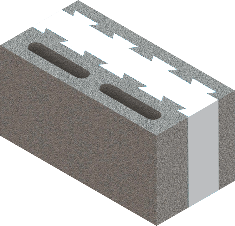 منظور هندسي ثلاثي الأبعاد يوضح البلك المعزول المحزز، حيث تظهر شريحة عزل حراري بيضاء متداخلة مع جدارين من الخرسانة بتصميم مسنن يضمن التماسك الإنشائي مع وجود فتحات علوية لتخفيف الوزن.